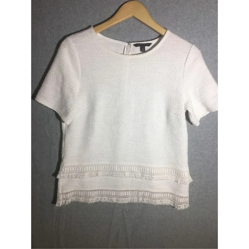 Womens Banana Republic Blouse White Thick Fringe Hem Crochet Career Work